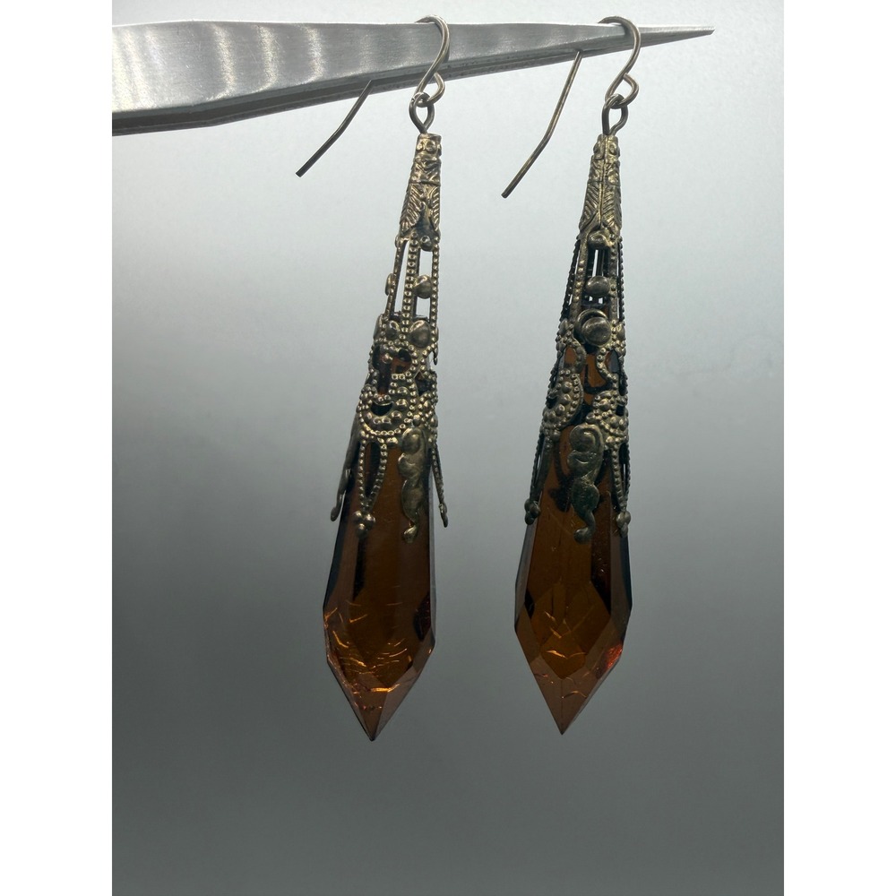 Vintage Amber lucid Drop Earrings Art Deco Medieval Style Long Dangle #1087